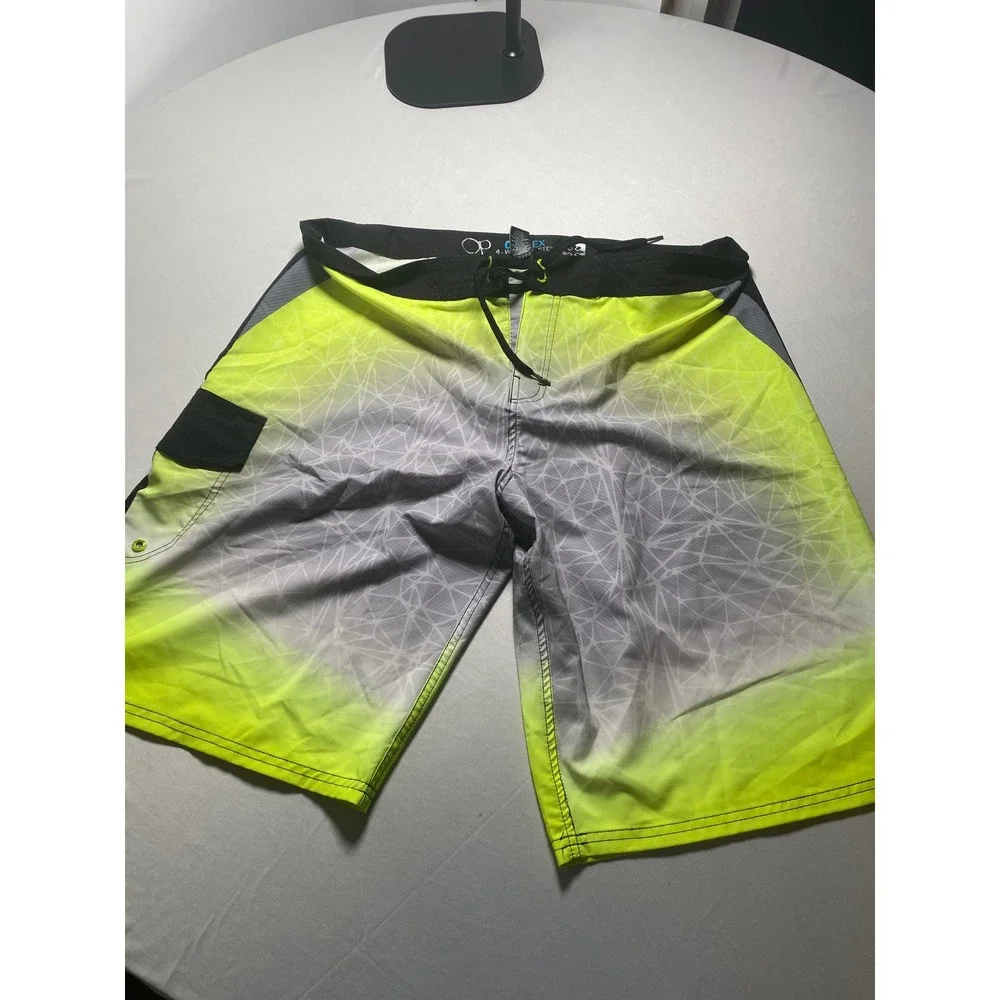 Ocean Pacific OP Mens Board Shorts Acid Yellow Grey Geometric 4-Way Stretch 38